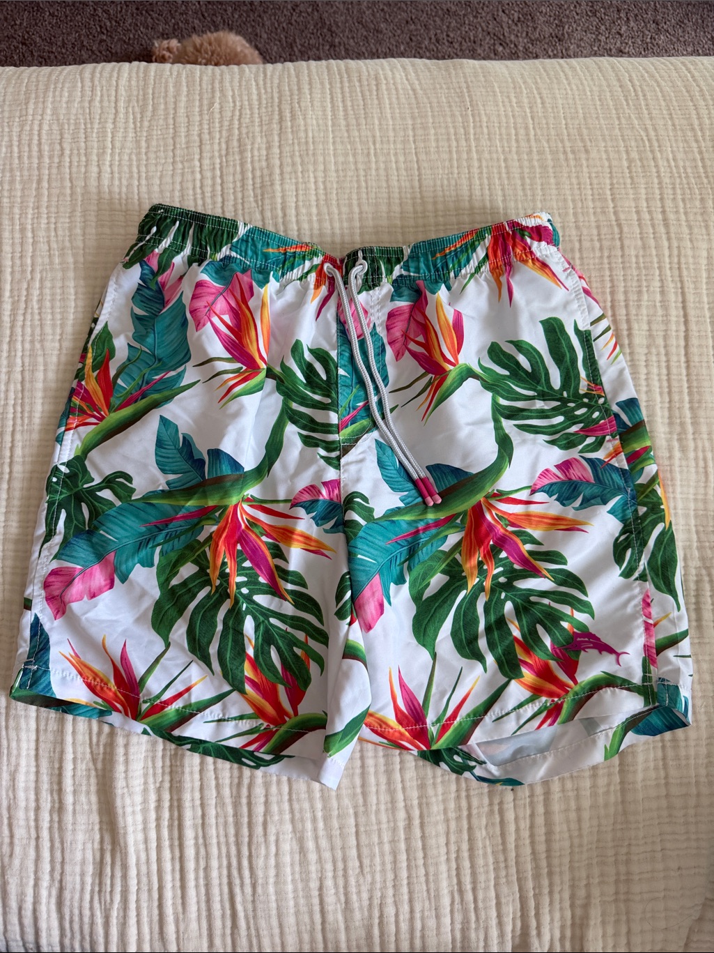 Tommy Bahama White Tropical Floral Swim Shorts With Green & Pink Leaves